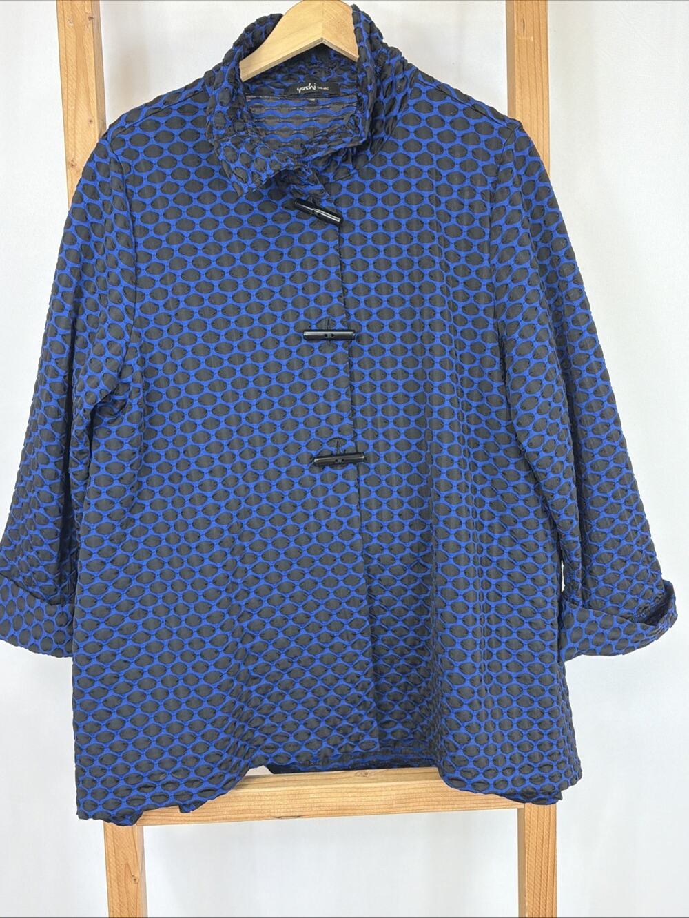 Yushi Made in USA Blue Black Polka Dot Piano Buttons Wire Collar Jacket XXL